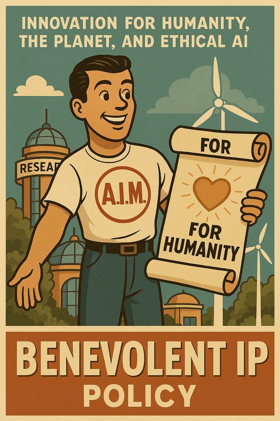 Vintage-style AIM Benevolent IP Policy poster emphasizing innovation for humanity, the planet, and ethical AI.