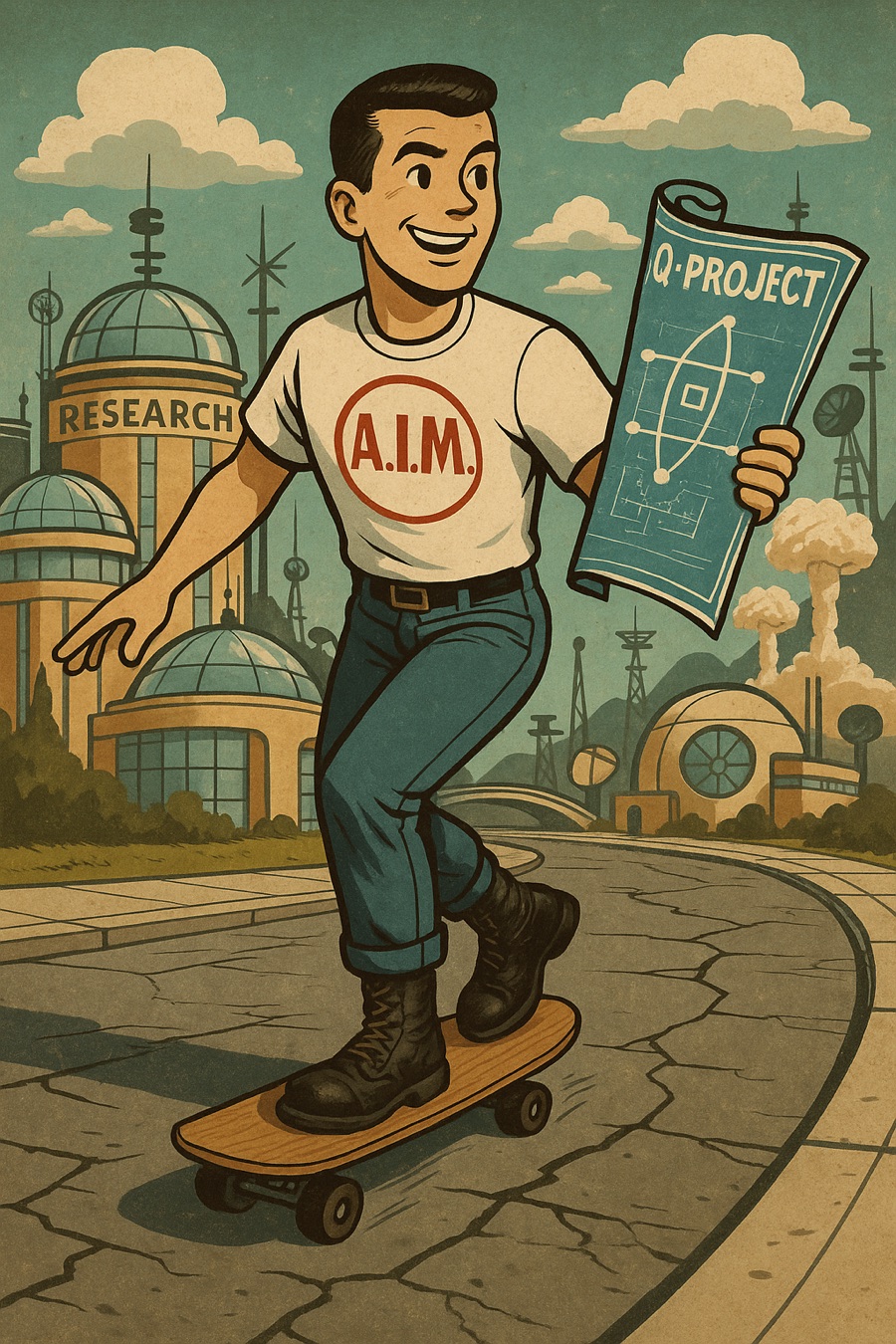 Vintage-style AIM studio-lab culture illustration showing an AIM creator carrying a Q-Project blueprint through a research campus.